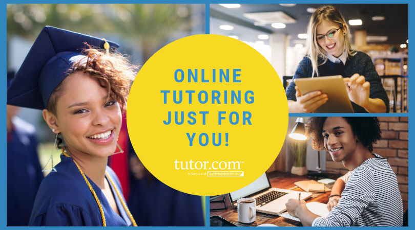 Tutor.com advertisement of 3 smiling students reading, graduating, and doing homework on a laptop. 