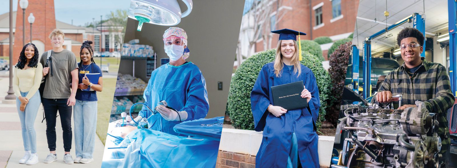 Students in college, healthcare, graduation, and automotive training settings.